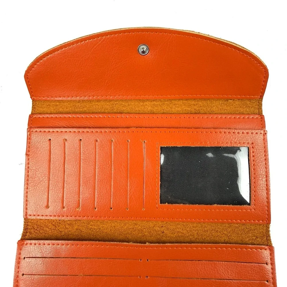 Mongolian Leather Wallet Handmade Burnt Orange Leather Organizer Trifold New